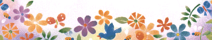 bottom border - flowers, bluebird, butterflies and honeybees